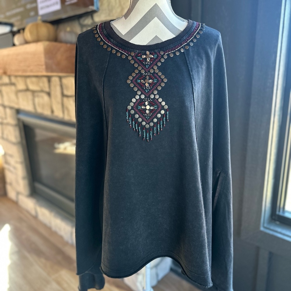 DOUBLE D RANCH Western Style Dark Gray Studded/Beaded Poncho:  Size  S/M